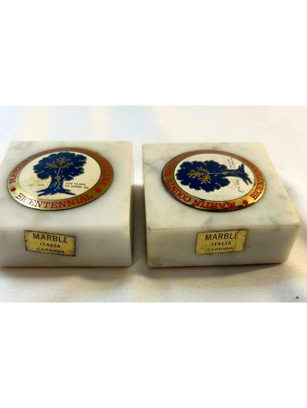 Vintage Italian Carrara Marble Bicentennial Paperweights Medallions Set of 2